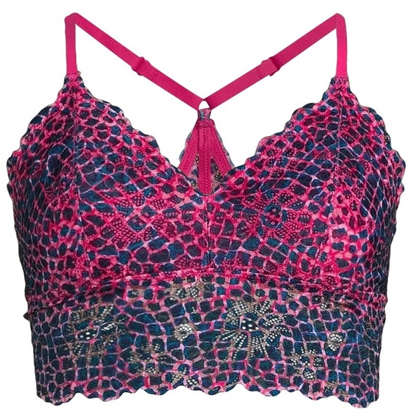 Juniors Longline Floral Lace Bralette- Pink and Navy Blue Lace Bralette size XL - Picture 3 of 6